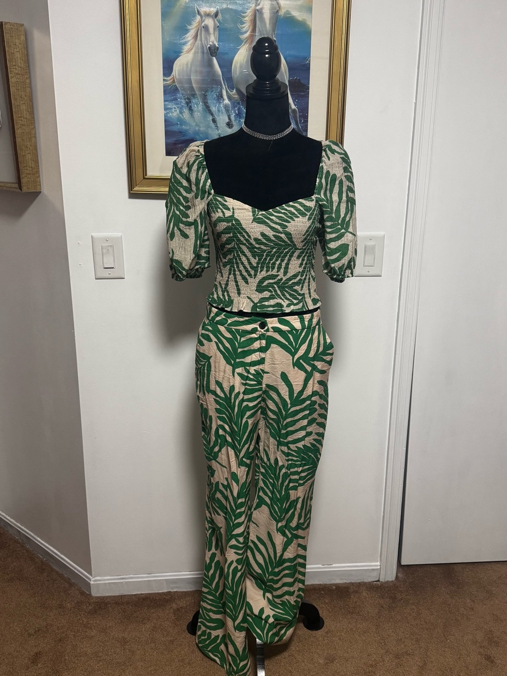 H&M Green and Beige Tropical Print Two-Piece Set